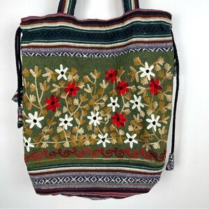 Boho Drawstring Tote Bag Embroidered Flowers Made in Nepal
